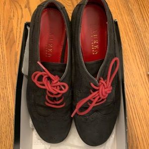 Ralph Lauren black suede wing tip/ maroon laces